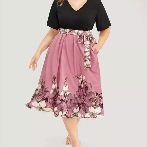 BloomChic Floral Patchwork Dusty Pink Belted Midi Dress w/pockets NWT 18-20 - Picture 1 of 9